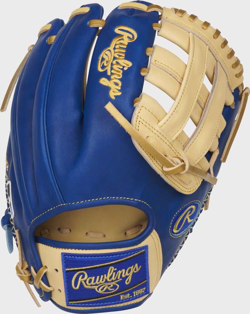 Royal back of a Heart of the Hide ColorSync 5.0 11.75-Inch H-web glove with a royal Rawlings patch - SKU: PRO205-6CRG