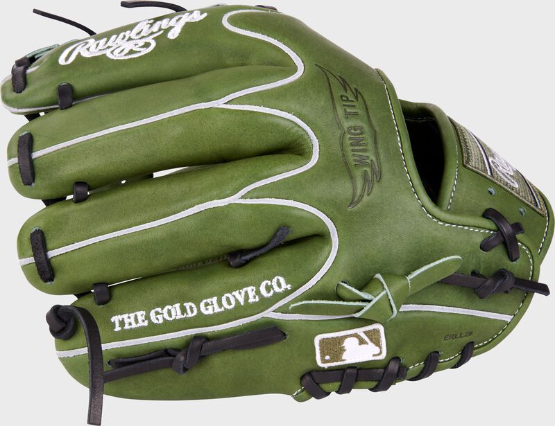 Military green Wing Tip back of a Heart of the Hide infield glove with the MLB logo on the pinky - SKU: PRO204W-2MG