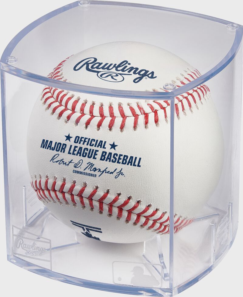 A 2024 Toronto Blue Jays City Connect baseball in a clear display cube