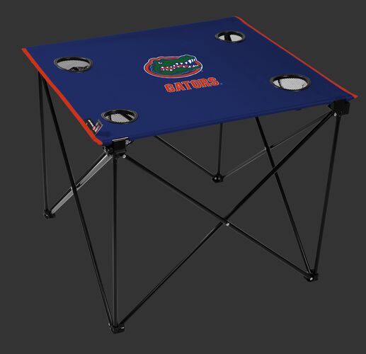 A blue NCAA Florida Gators deluxe tailgate table with four cup holders and team logo printed in the middle SKU #00713022111
