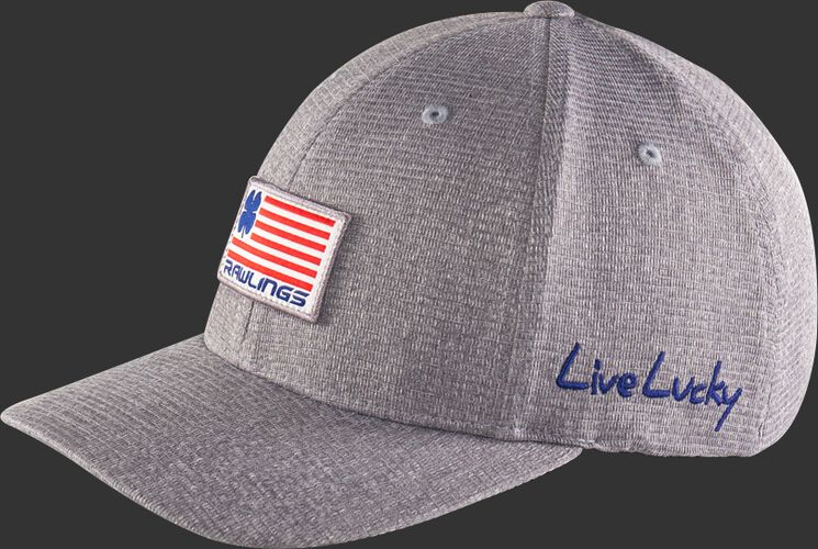 Angle view of a grey Rawlings Black Clover RBC nation fitted hat with "Live Lucky" on the side - SKU: BCRBCN0061