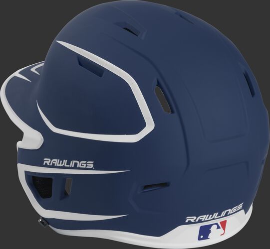 Back left view of a matte navy/white MACHEXTR MACH series two-tone batting helmet with air vents
