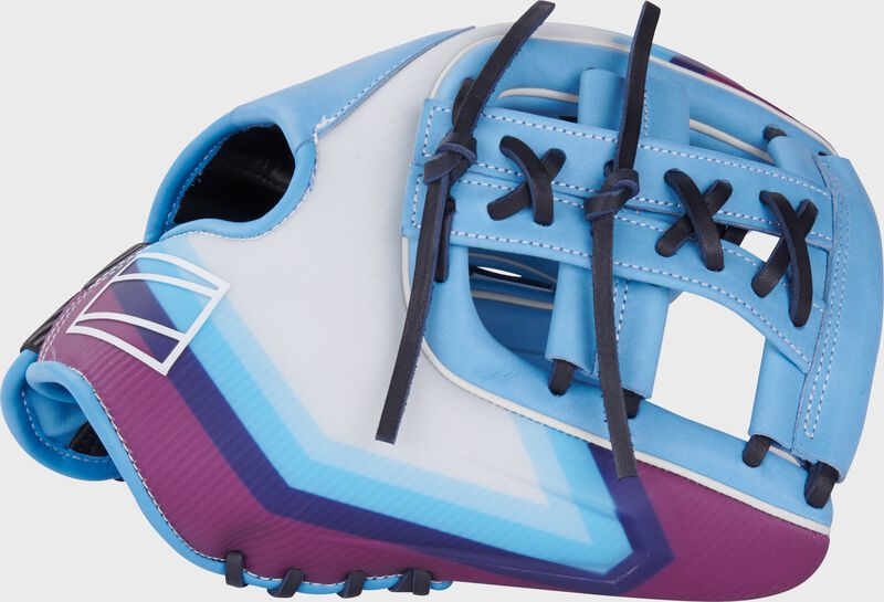 Thumb of a white/Columbia blue/navy Rawlings Francisco Lindor REV1X 11.75" infield glove with a Columbia blue split laced Single Post Web