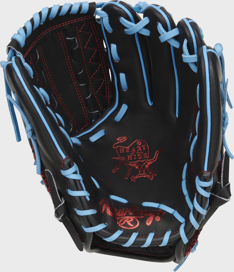 Black palm of a Rawlings Heart of the Hide ColorSync 8.0 glove with scarlet stamping and Columbia blue laces - SKU: PRO205-12BCB