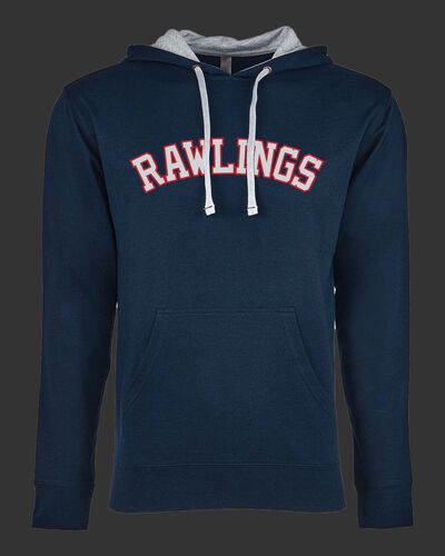 A navy Rawlings mid-weight French Terry hoodie with a gray hood and red lettering on the chest - SKU: RSGFH-N