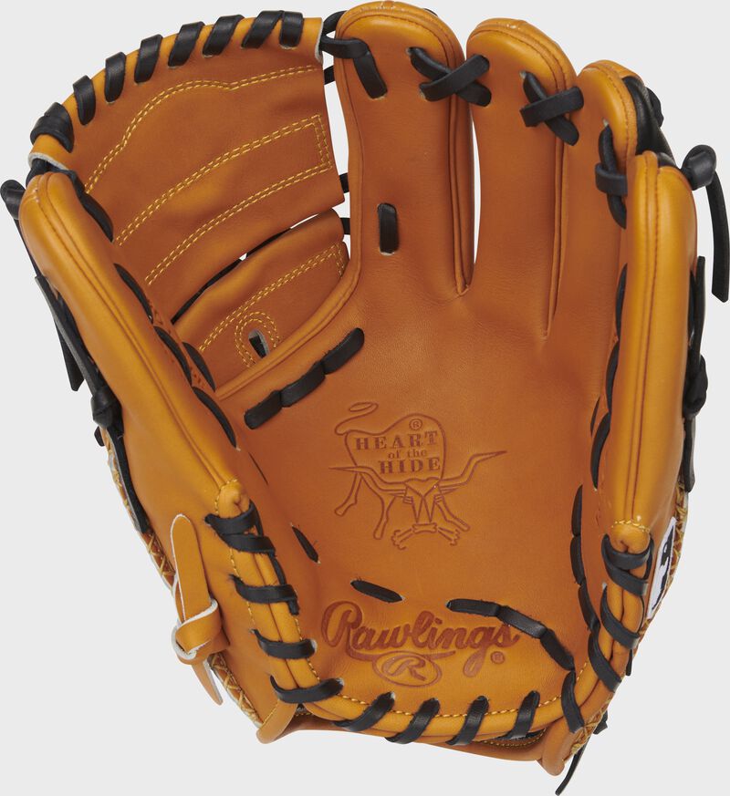 Tan palm of a Rawlings Heart of the Hide infield/pitcher's glove with black laces - SKU: PRO205-9TB
