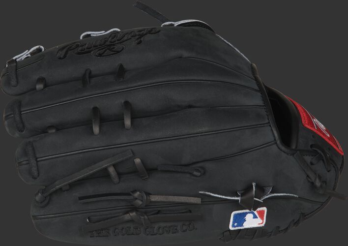 Black suede fingers of a Cody Bellinger outfield glove with the MLB logo on the pinky - SKU: PRO442-CB35