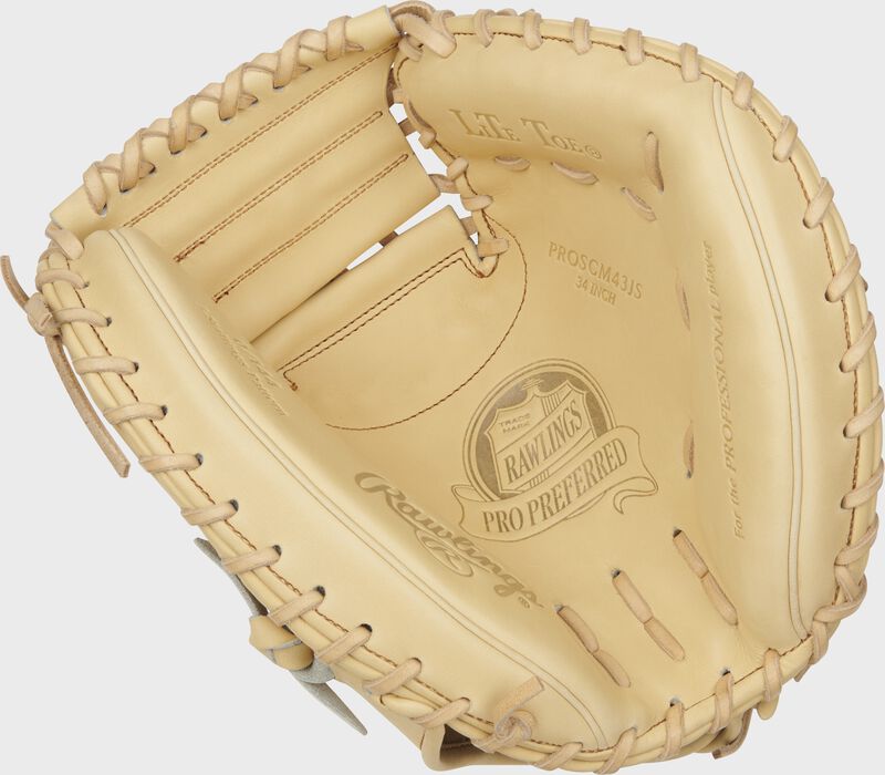 Camel palm of a Rawlings Gameday 57 Series Jacob Stallings cather's mitt with camel laces - SKU: RSGPROSCM43JS image number null