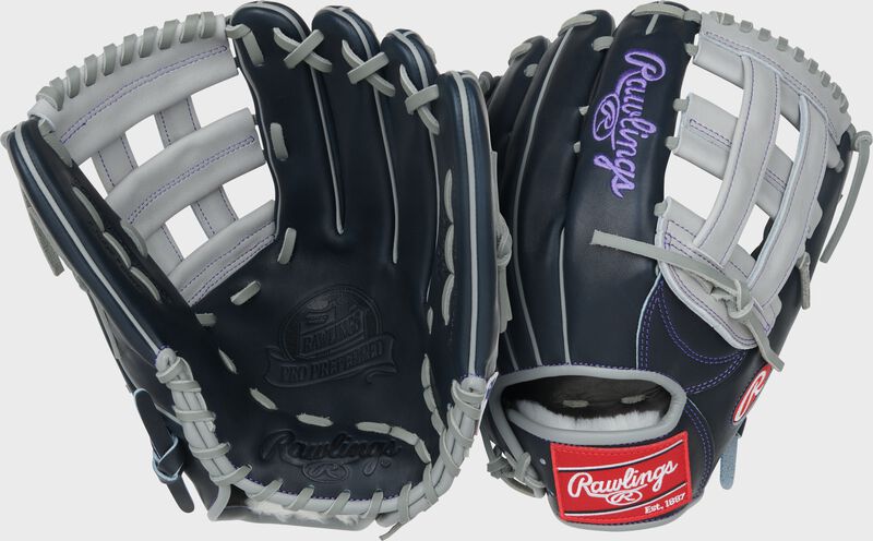 Two images showing the palm & back of a navy/gray Aaron Judge Pro Preferred 12.75-Inch Outfield Glove