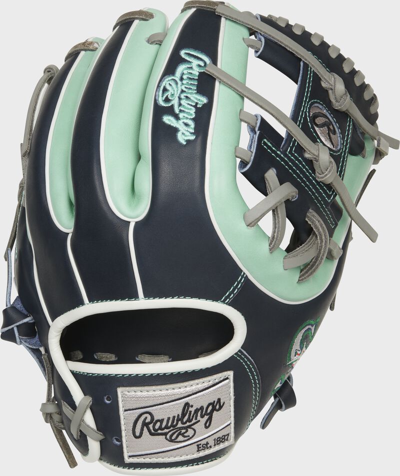 Back of a navy/mint Seattle Mariners Heart of the Hide I-web glove with a gray Rawlings patch - SKU: RSGPRO314-2SEA loading=