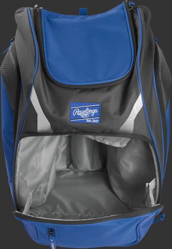 A royal Legion gear backpack with the main compartment open - SKU: LEGION-R