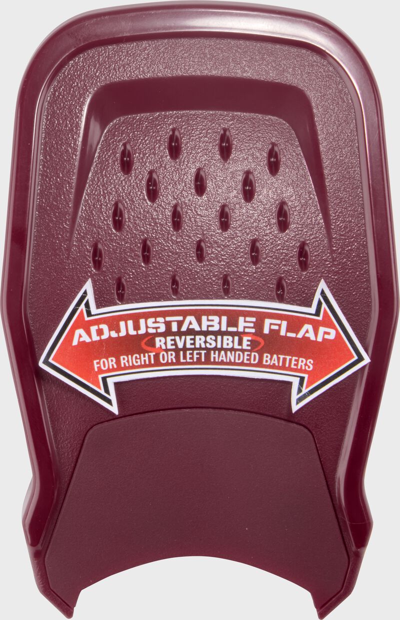 A maroon Rawlings RX2 Reverse adjustable batting helmet extension with a sticker showing the adjustability loading=