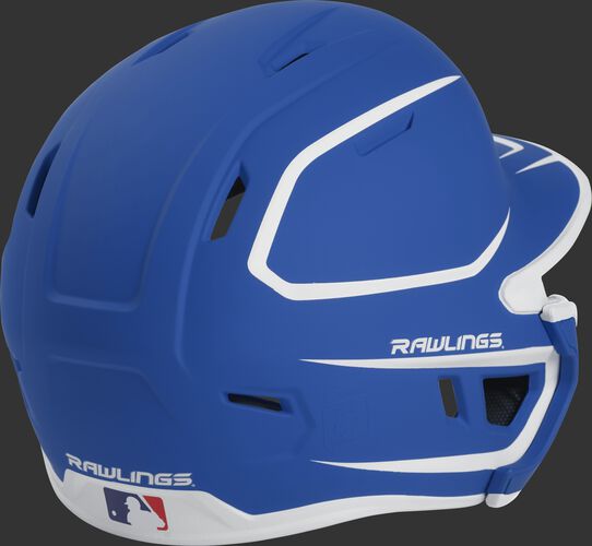 Back right of a two-tone matte royal/white MACHEXTR Rawlings senior size batting helmet