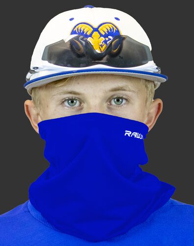 A player wearing a blue Rawlings protective neck gaiter over his mouth and nose - SKU: RMSKNG-BLU