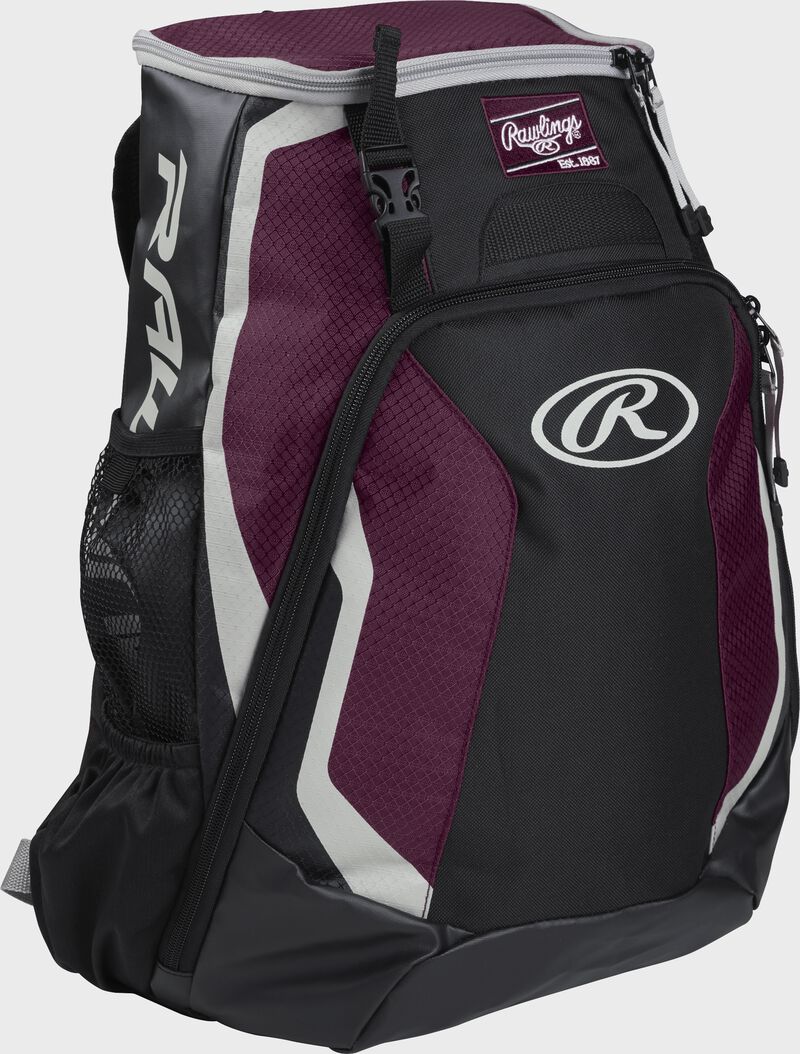 Right side of a black/maroon R500 Rawlings Players equipment backpack with white trim