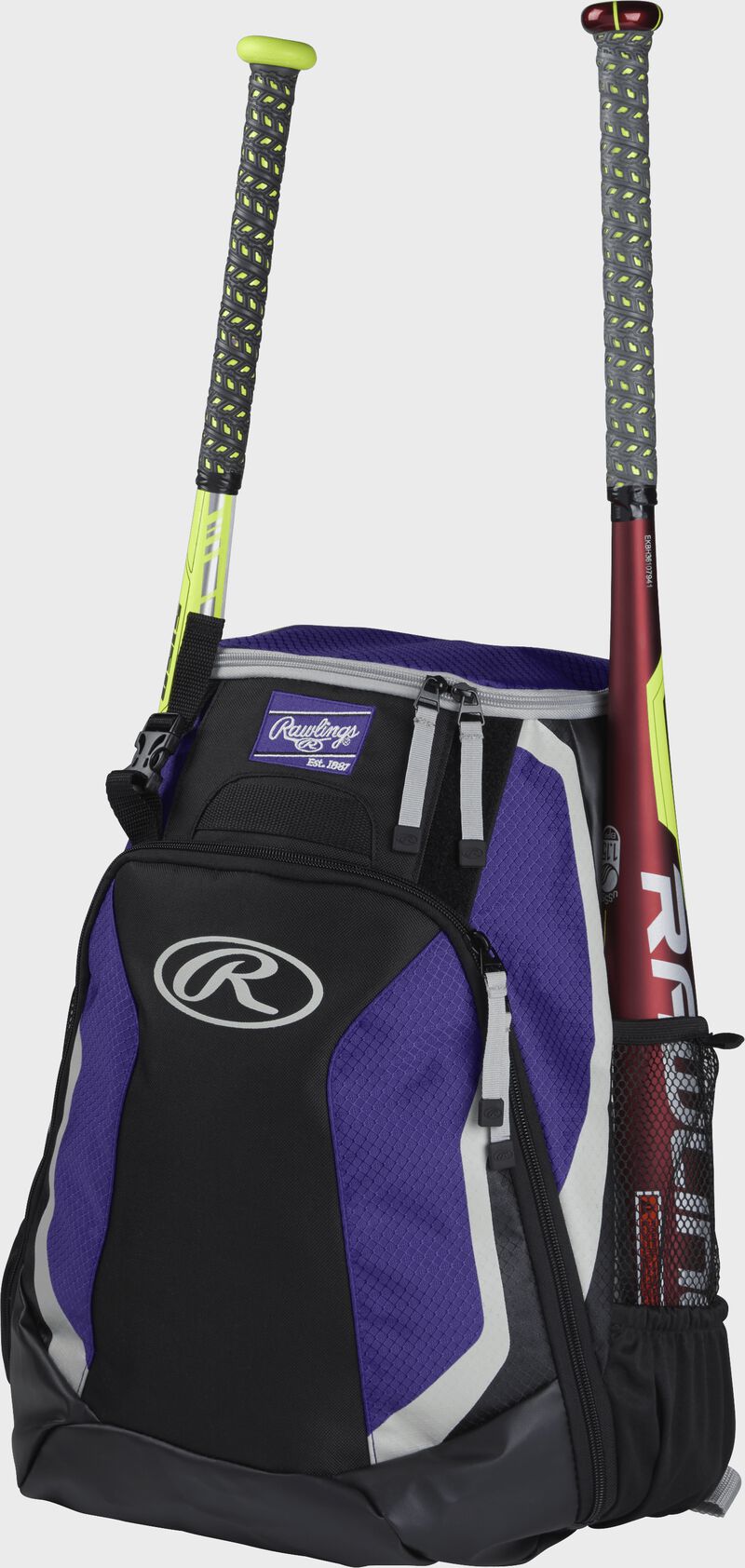 Left side of a black/purple R500 baseball backpack with a red bat in the side sleeve