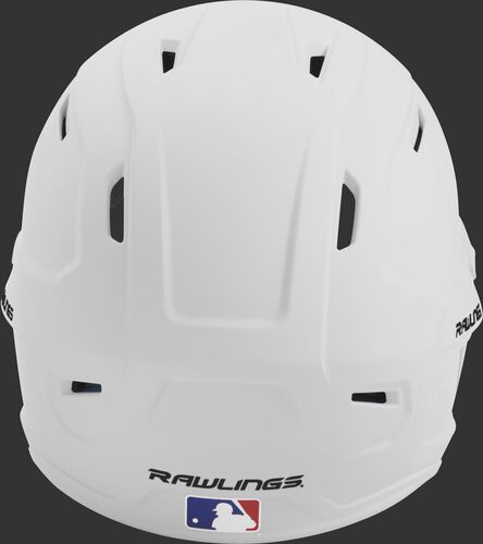 Back of a white MACH high performance senior helmet with the Official Batting Helmet of MLB logo