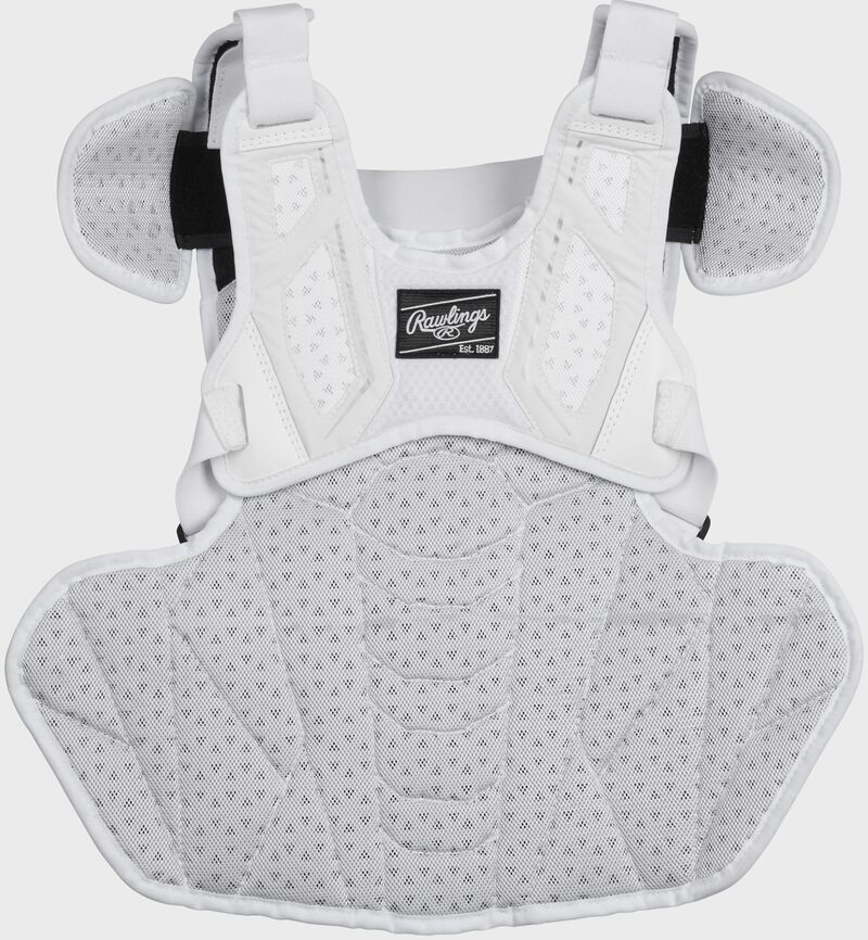 Back of a black/white Velo softball chest protector