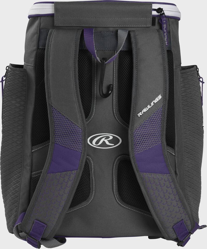 Back of a purple Rawlings Impulse baseball backpack with gray shoulder straps - SKU: IMPLSE-PU