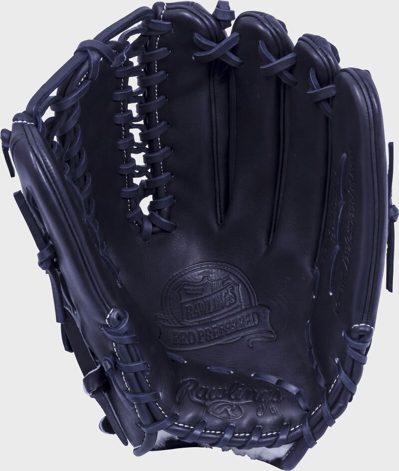 Black palm of a Rawlings Pro Preferred outfield glove with a black web and black laces - SKU: PROS601KBPRO