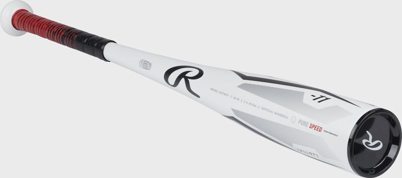 Front angle of a white Rawlings Peak youth coach pitch bat with a black end cap - SKU: RUT4P11