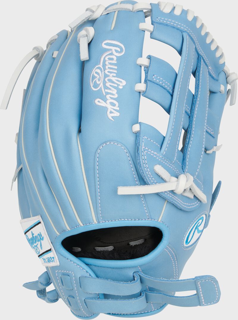 Columbia blue back of a R9 Series 12" fastptich glove with a pull strap back