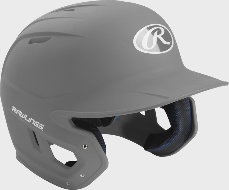 Right angle view of a matte MACH batting helmet with a silver shell
