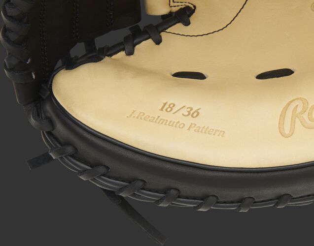 Inside thumb of a J.T. Realmuto catcher's mitt showing 18/36 mitts produced - SKU: PROSCM43JR10