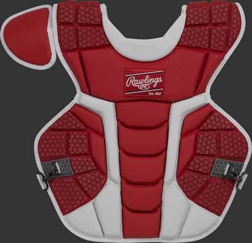 Front of a scarlet CPMCN Rawlings Mach chest protector with Arc Reactor Core