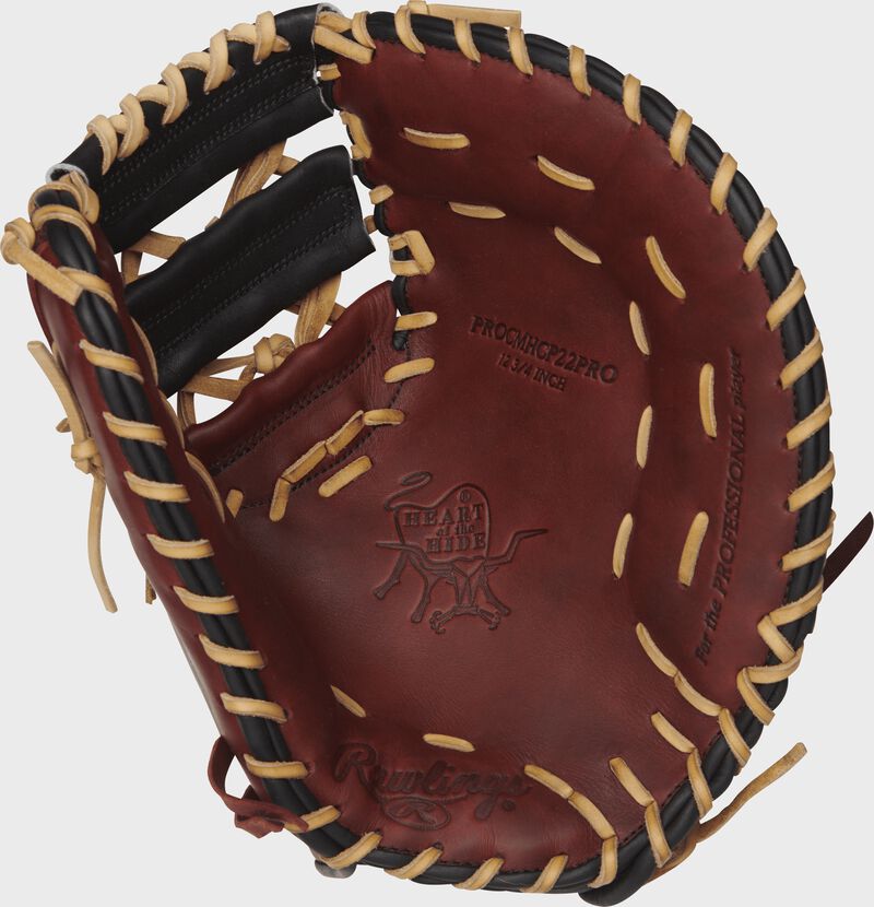 Burgundy palm of a Rawlings HOH first base mitt with a black web and camel laces - SKU: PROCMHCP22PRO