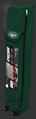 Green wheeled carry case of a New York Jets canopy with the team logo on the outside compartment - SKU: 02231079111