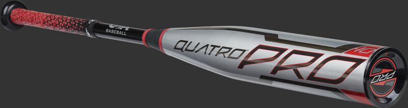 Angled view of a Rawlings 2021 USA Quatro Pro with a silver barrel and black end cap - SKU: US1Q10