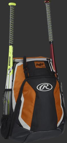 Right side of a black/orange R500 Rawlings baseball backpack with a white bat in the bat sleeve