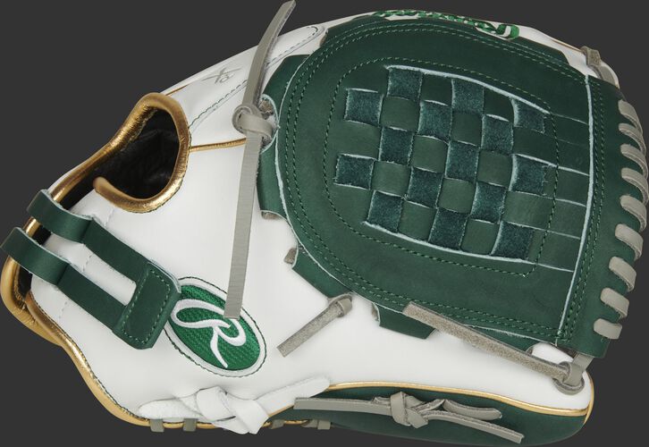 Thumb of a white RLA120-3DG Liberty Advanced Color Series 12-inch infield/pitcher's glove with a dark green Basket web