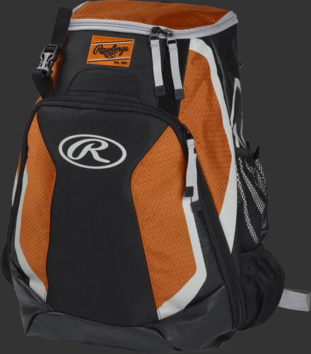 Left side of a black/orange R500 Players team backpack with white trim