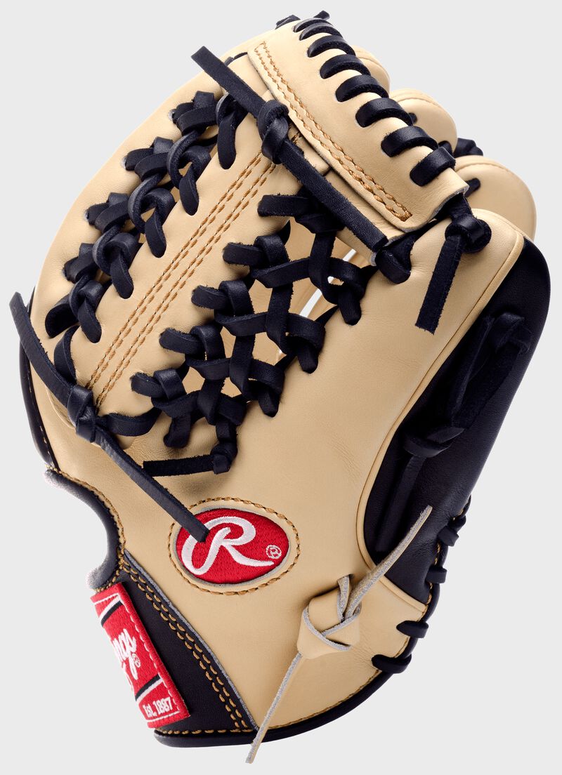 Vertical thumb view of a PROS15TCBX Pro Preferred 11.5-inch infield/pitcher's glove with a camel Modified Trap-Eze web