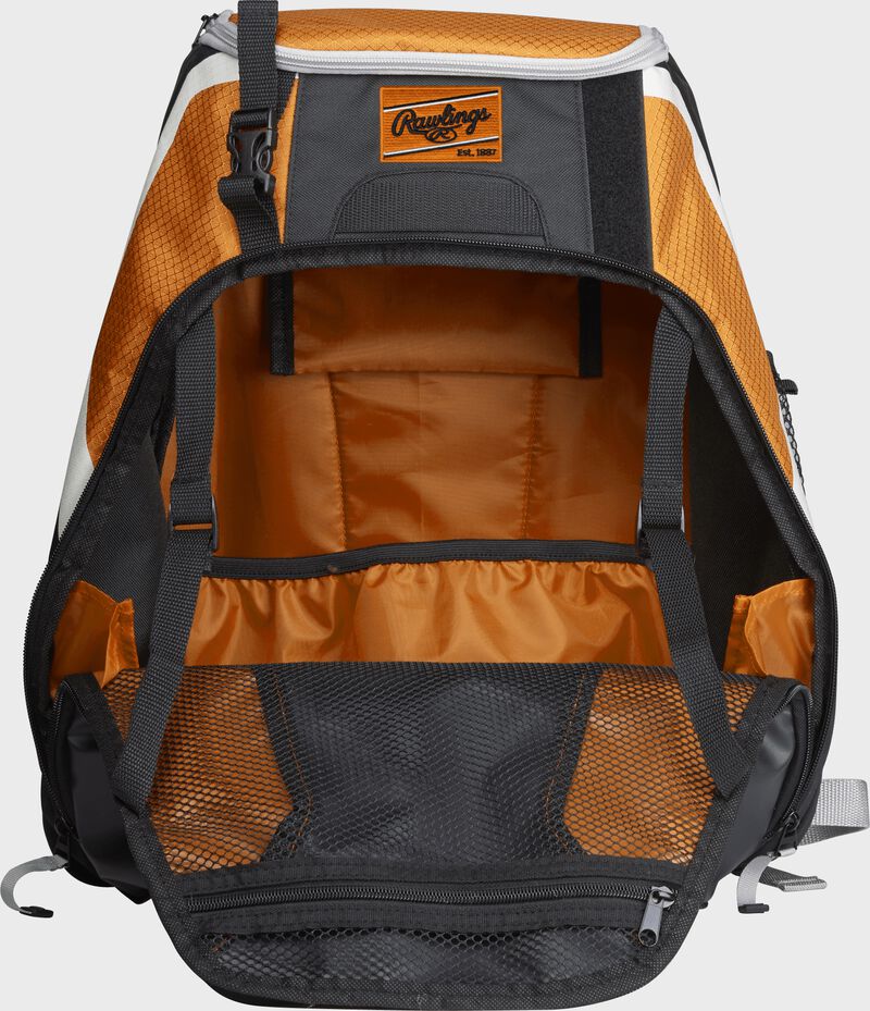 An open R500 Rawlings Players equipment backpack with orange interior