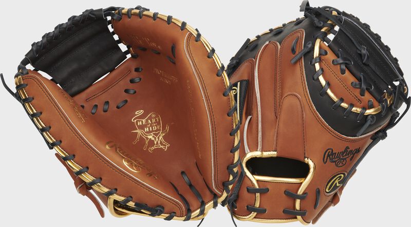 2 images showing the palm and back of a golden brown/black Heart of the Hide ColorSync 8.0 catcher's mitt - SKU: PROYM4GBB