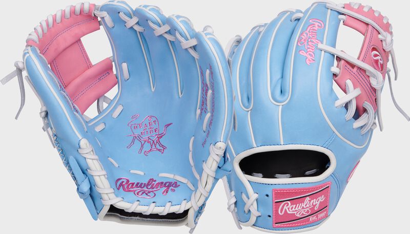 2 images showing the palm & back of a Columbia blue/pink Rawlings Heart of the Hide 11.5" I-web glove