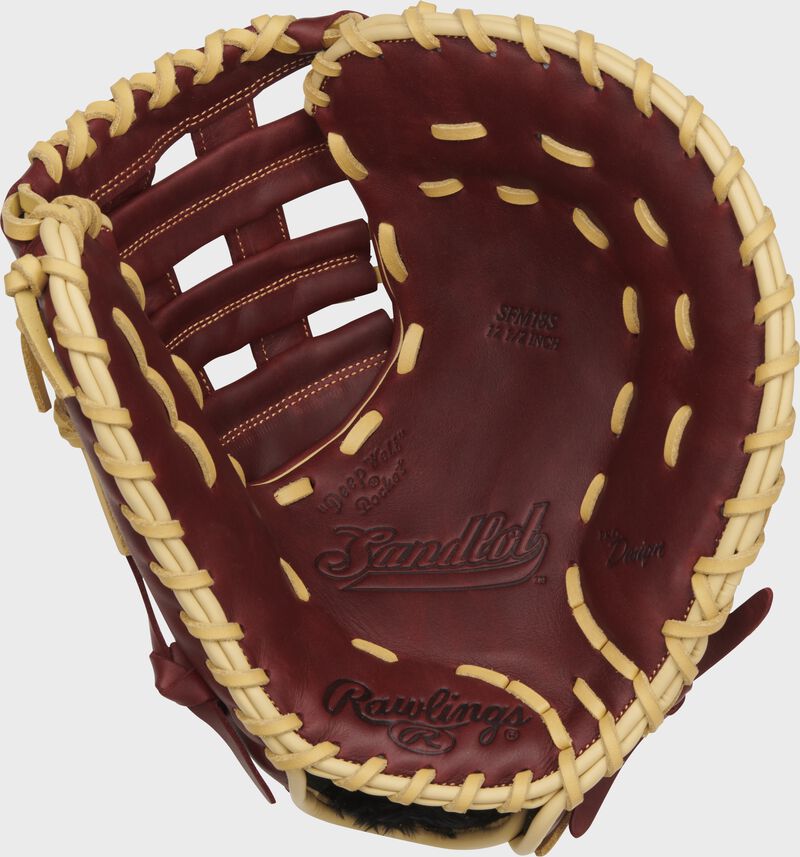 Palm of a sherry Rawlings Sandlot Series 1st base mitt with camel laces - SKU: SFM18S