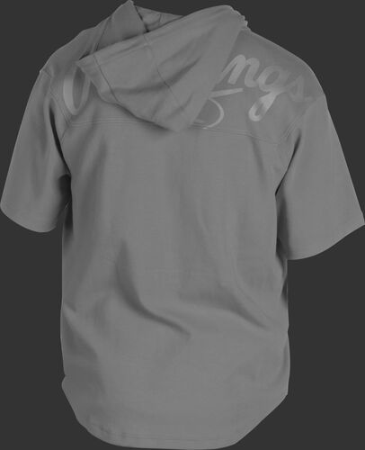 Back of a light gray Rawlings Gold Collection short sleeve hoodie with a gray script Rawlings logo across the back - SKU: GJJ-BG