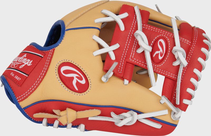 Thumb of a camel Corey Seager Select Pro Lite glove with a scarlet I-web