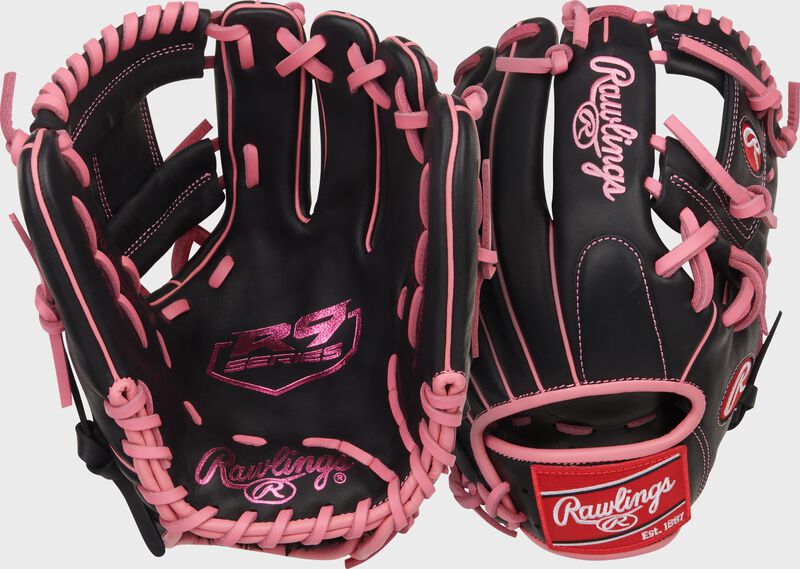Two images showing the palm & back of a black/pink Rawlings R9 Series 11.5-Inch Infield Glove loading=