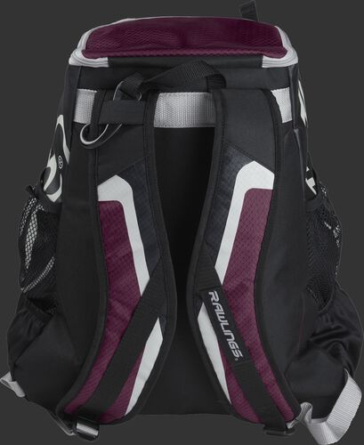 Back of black/maroon R500 Players team backpack with black/maroon shoulder straps