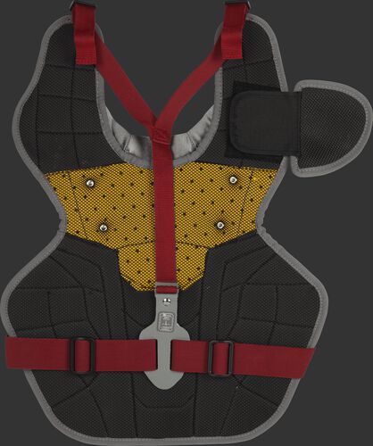 Back of a scarlet RCSNA youth Rawlings Renegade 2.0 chest protector