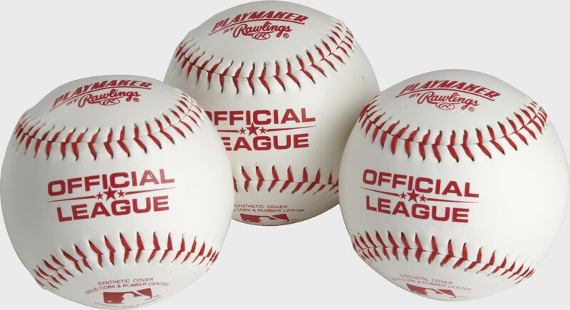 3 Official League Playmaker baseballs with red stamping and stitching - SKU: PMBBPK3