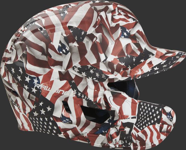 Right side of a MACHEXTL-USA Rawlings Mach EXT batting helmet with an MEXT face guard extension attached