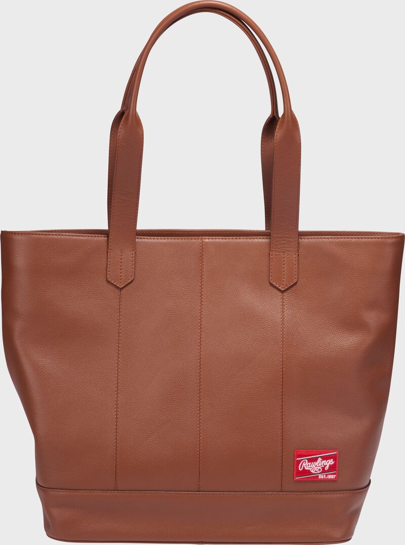 Side of a tan Rawlings Strike Out tote bag loading=