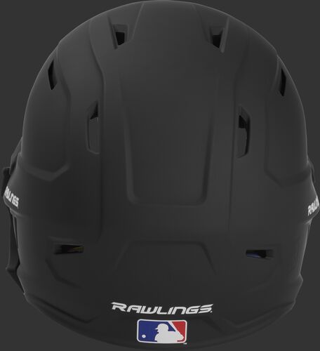 Back of a MACHEXTR high performance junior MACH helmet with a matte black shell and Official Batting Helmet of MLB logo