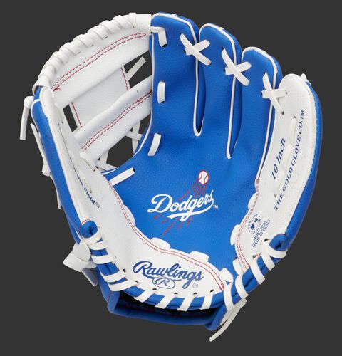 A blue/white Rawlings Los Angeles Dodgers youth glove with a Dodgers logo stamped in the palm - SKU: 22000011111